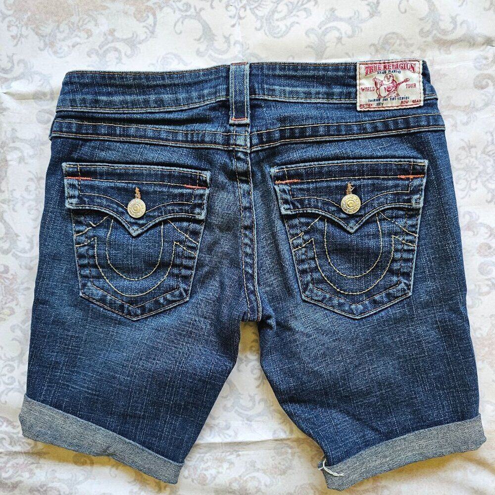 True Religion‎ Bermuda Denim Shorts Womens 27 Rolled Cuff Long Inseam